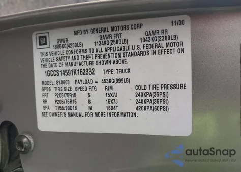 2001 Chevrolet S-10 Ls from USA, damaged, VIN 1GCCS14591K162332